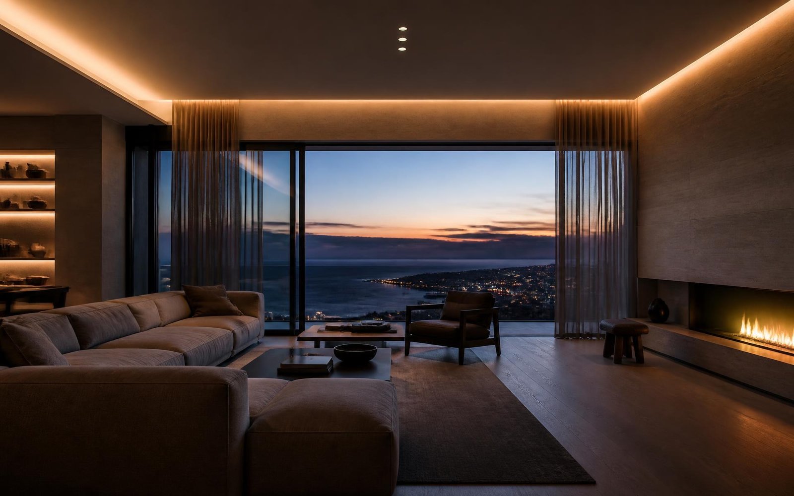 Luxury living room with automated sheer curtains, ambient lighting and a sea view at dusk